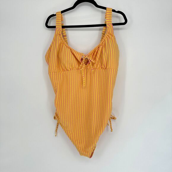 Adore Me Womens One Piece Swimsuit Size 2X Yellow Pink Stripe Beach Lined Ruched - Picture 1 of 12